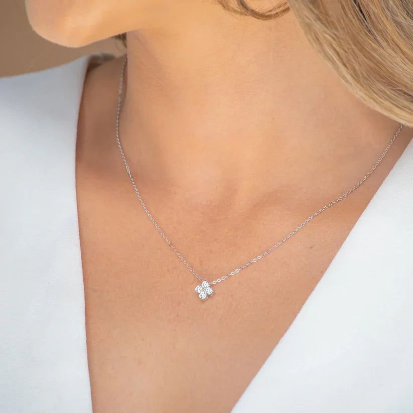 Diamond Blossom Necklace – 925 Sterling Silver, 14K White Gold Plated