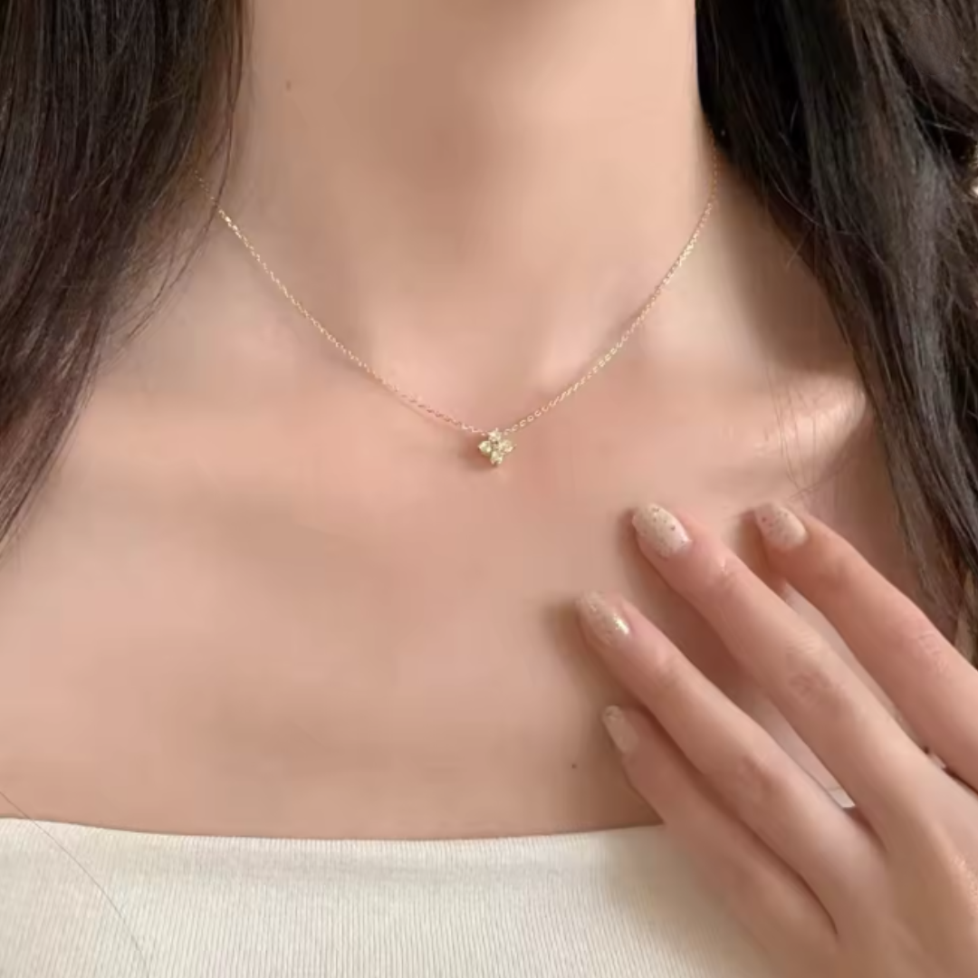 Diamond Blossom Necklace – 925 Sterling Silver, 14K White Gold Plated