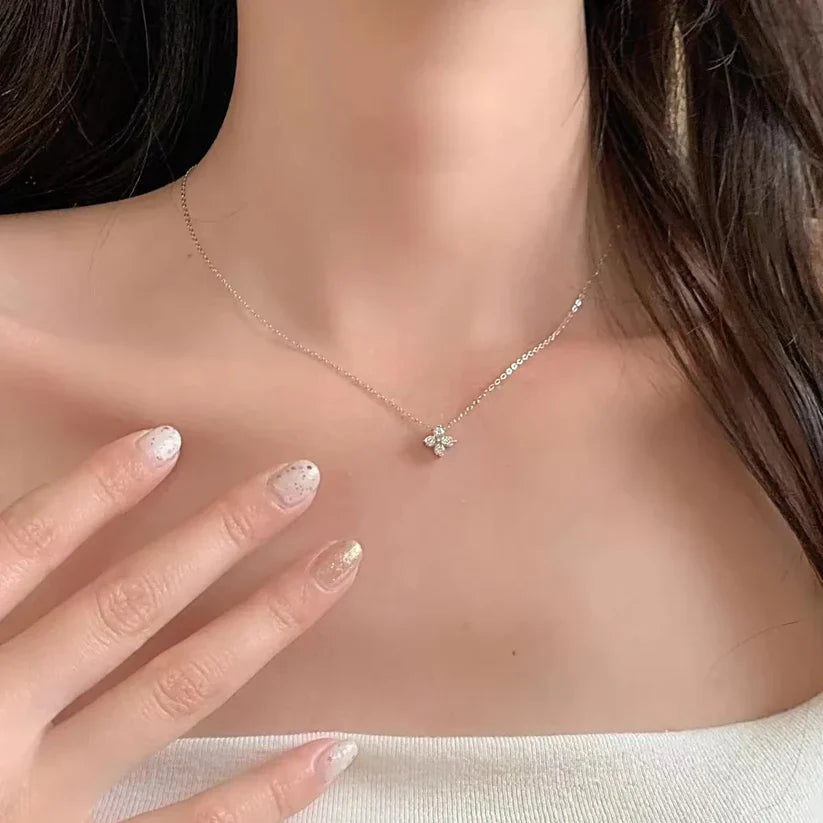 Diamond Blossom Necklace – 925 Sterling Silver, 14K White Gold Plated
