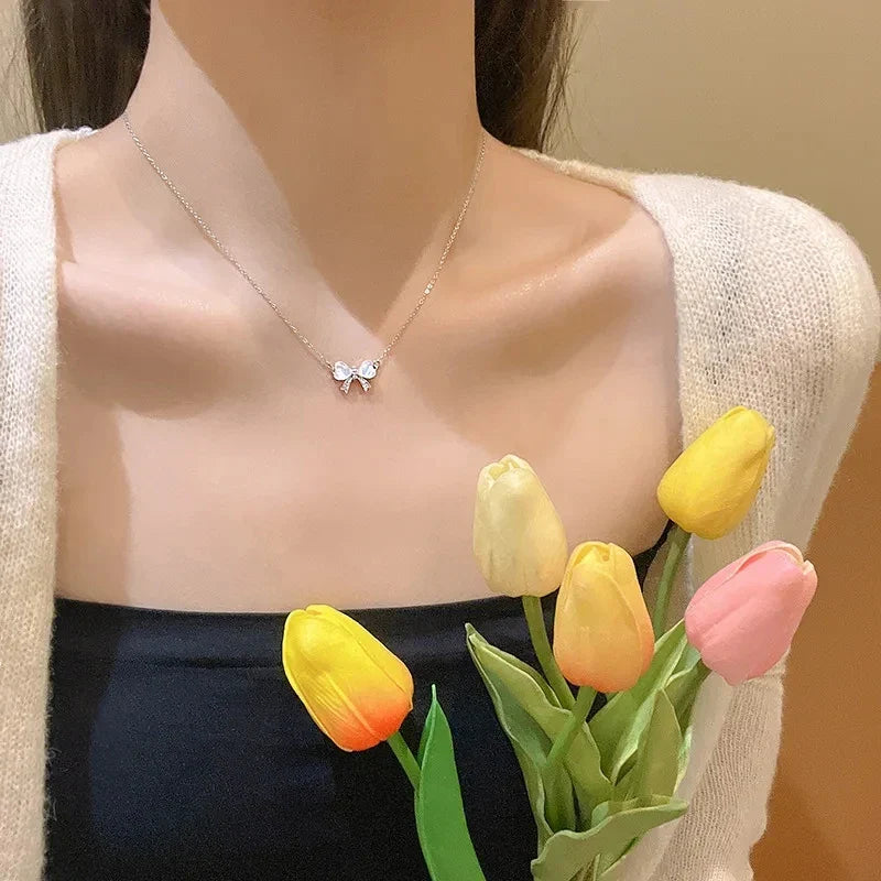 Korean Ribbon Bow Necklace – Delicate Heart Design in Opal & Zircon