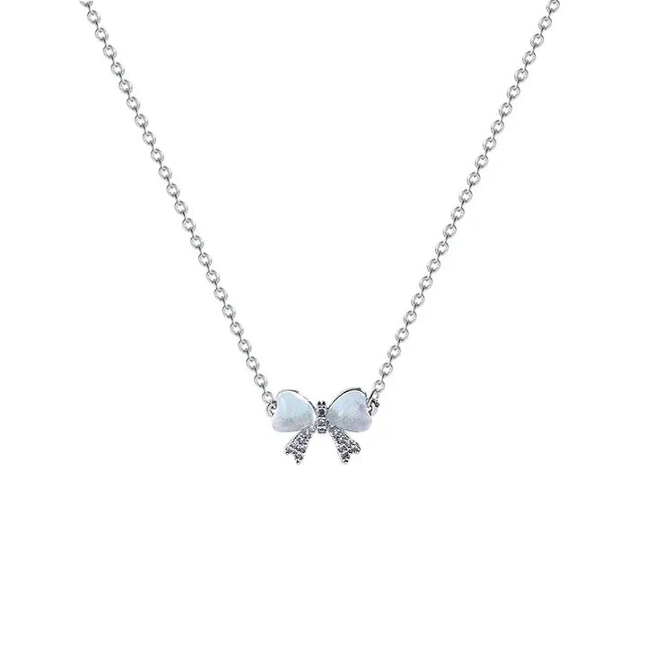 Korean Ribbon Bow Necklace – Delicate Heart Design in Opal & Zircon
